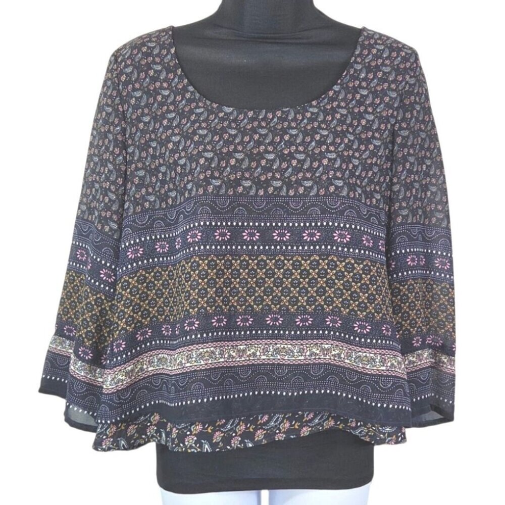Patrons Of Peace Flowy Purple Floral Boho Blouse With Paisley Print & 3/4 Sleeve